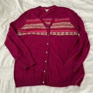LL Bean LARGE Nordic Fair Isle Cardigan wool cotton blend red burgundy